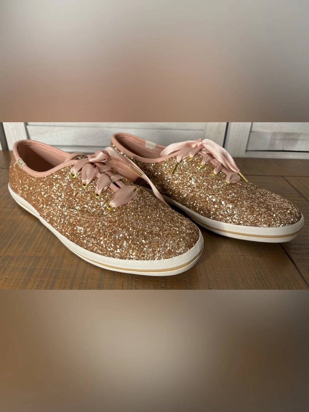 Keds x Kate Spade Champion Rose Gold Glitter Sneakers Box Extra Laces Women’s 7